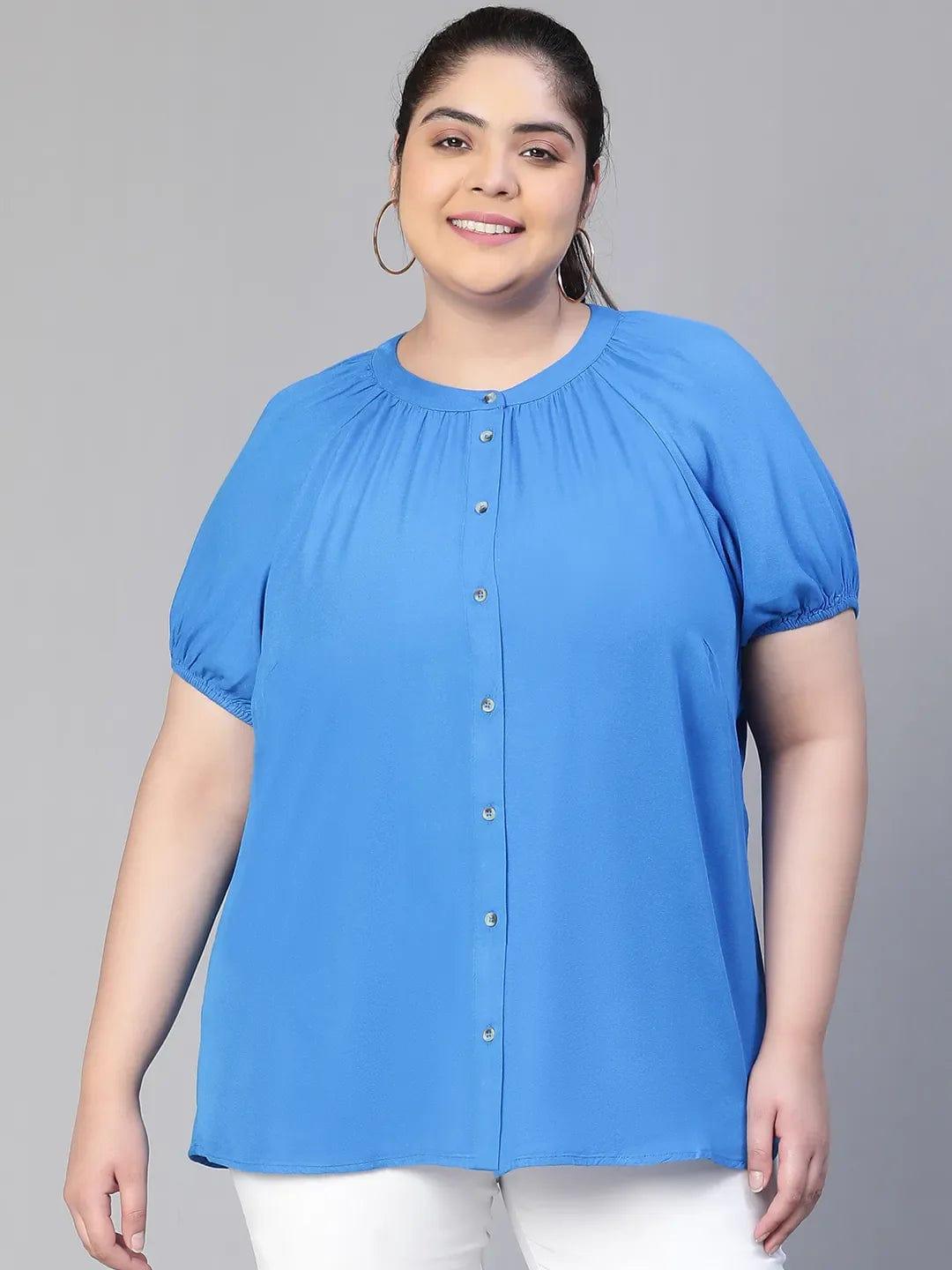 Meld Blue Solid Women Plus Size Shirt Loopy Top Today