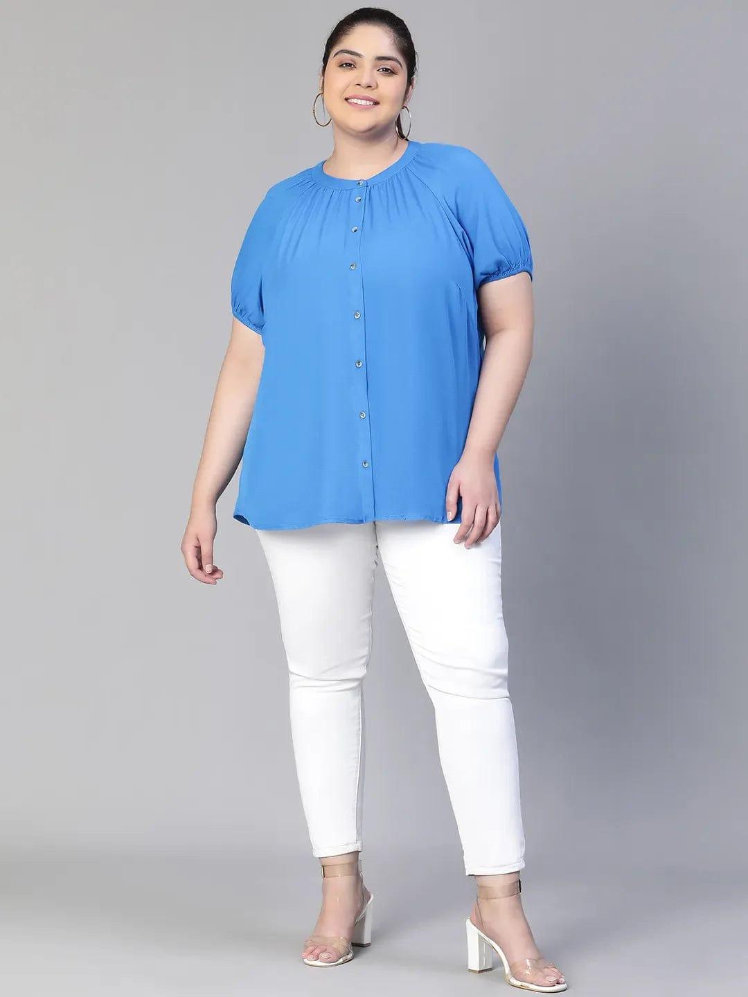 Meld Blue Solid Women Plus Size Shirt Loopy Top Today