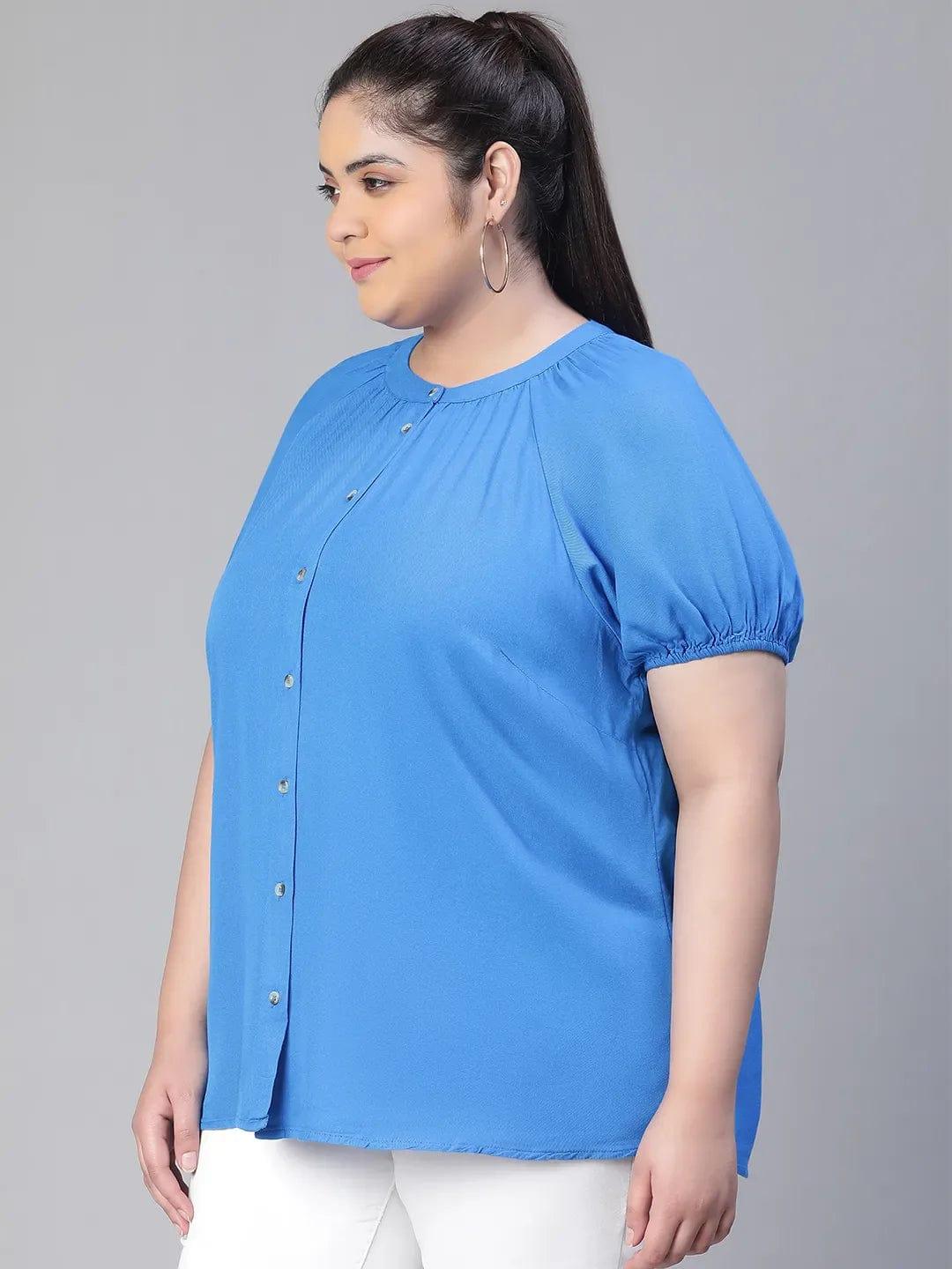 Meld Blue Solid Women Plus Size Shirt Loopy Top Today