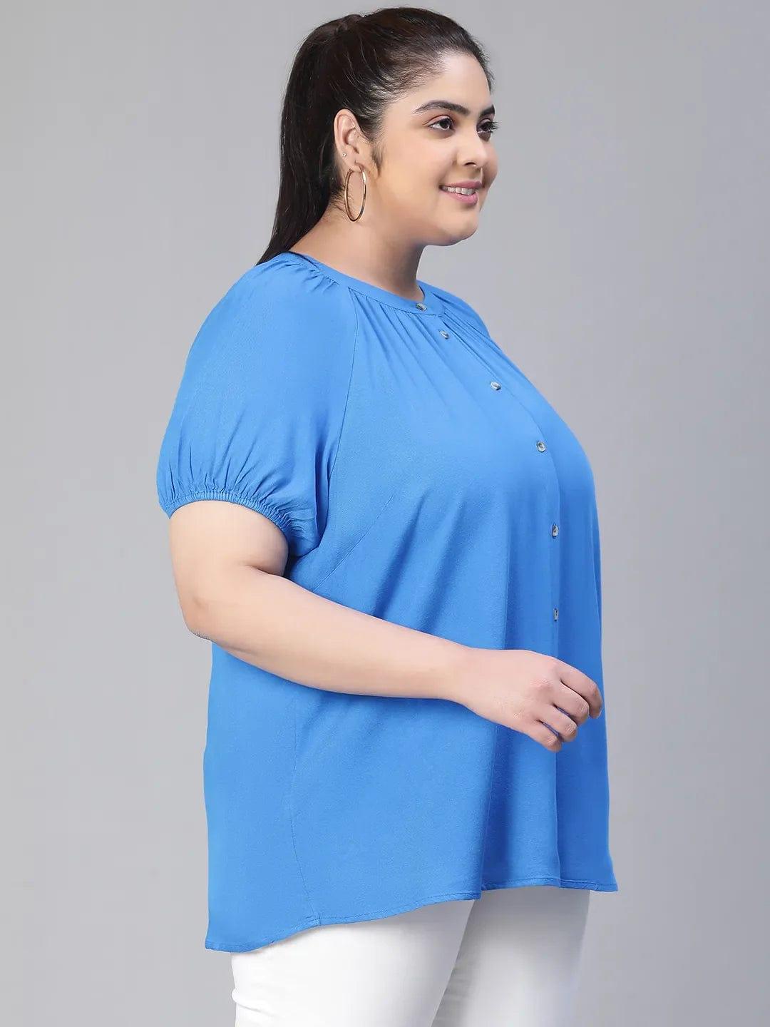 Meld Blue Solid Women Plus Size Shirt Loopy Top Today