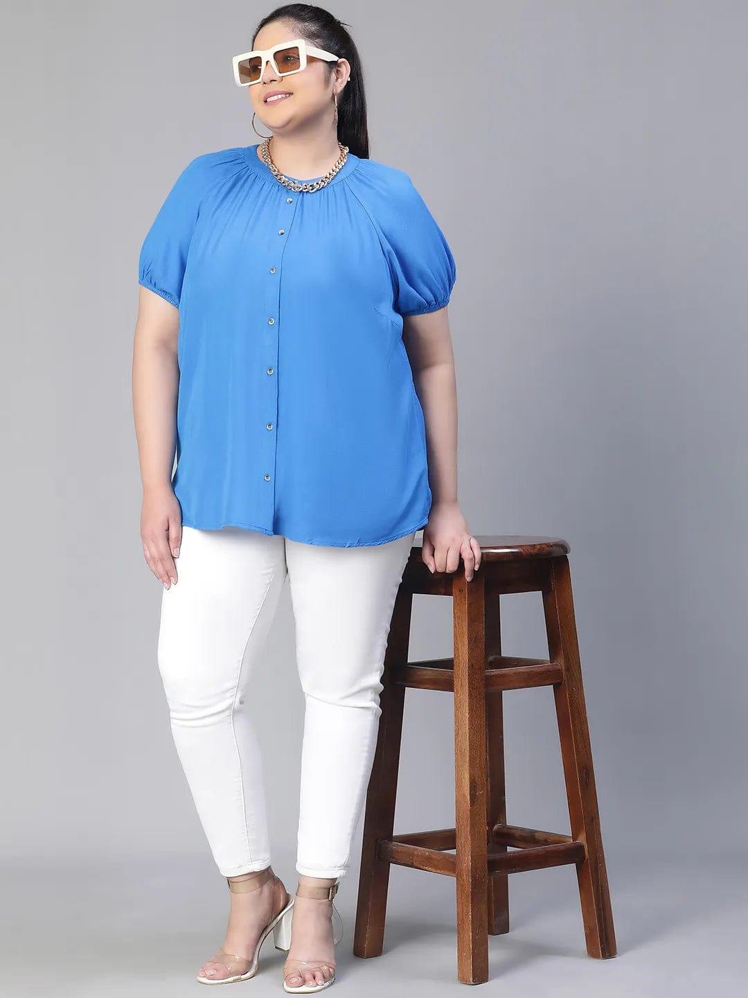 Meld Blue Solid Women Plus Size Shirt Loopy Top Today