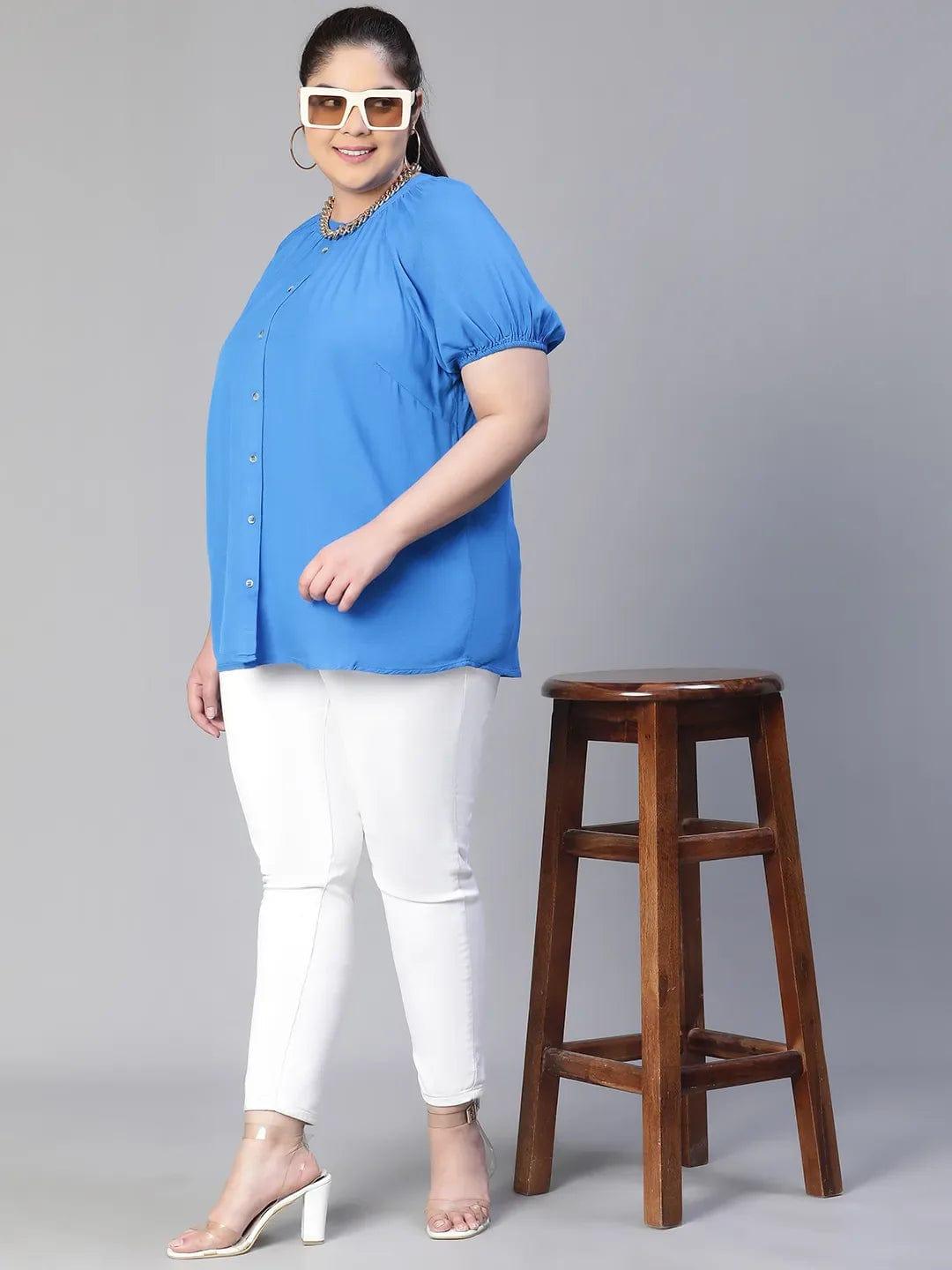 Meld Blue Solid Women Plus Size Shirt Loopy Top Today