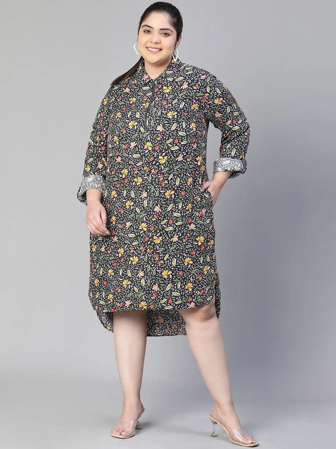 Magnitude Floral Print Zip Lined High-Low Plus Size Curvy Dress