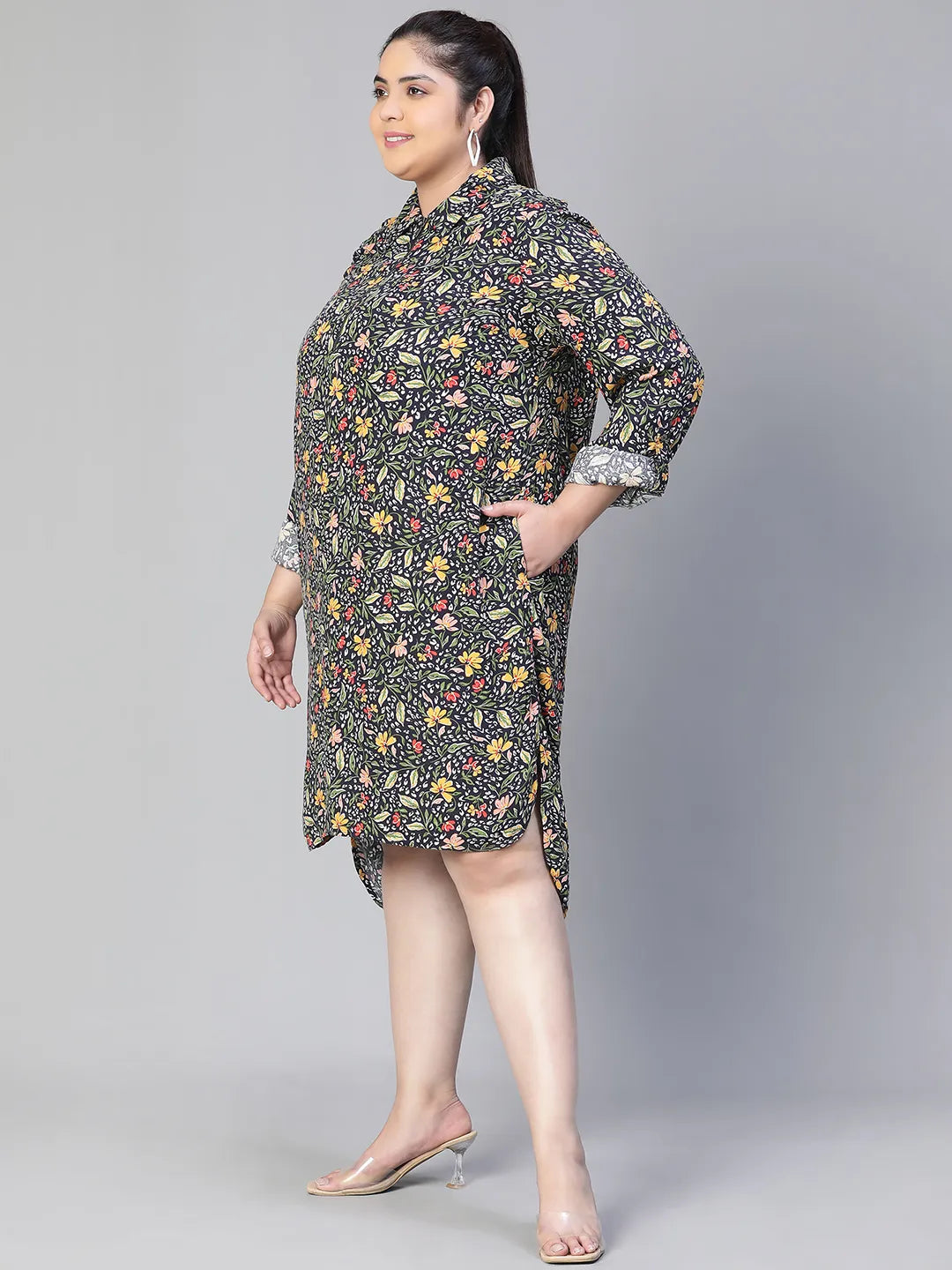 Magnitude Floral Print Zip Lined High-Low Plus Size Dress