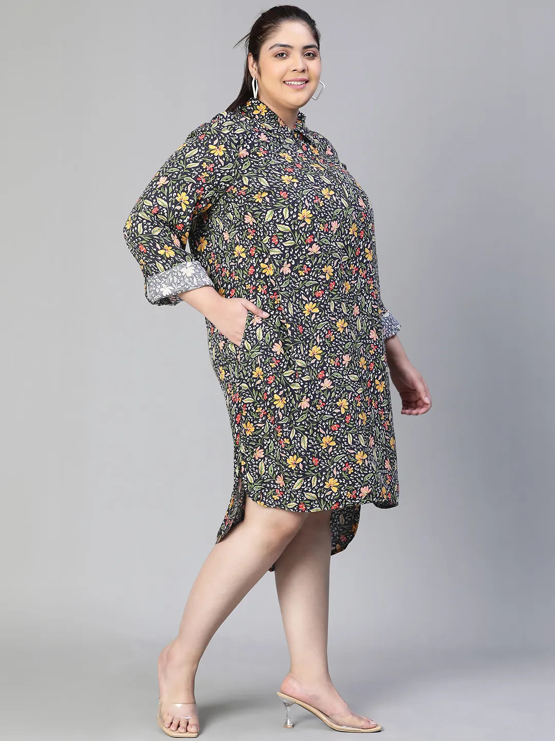 Magnitude Floral Print Zip Lined High-Low Plus Size Dress