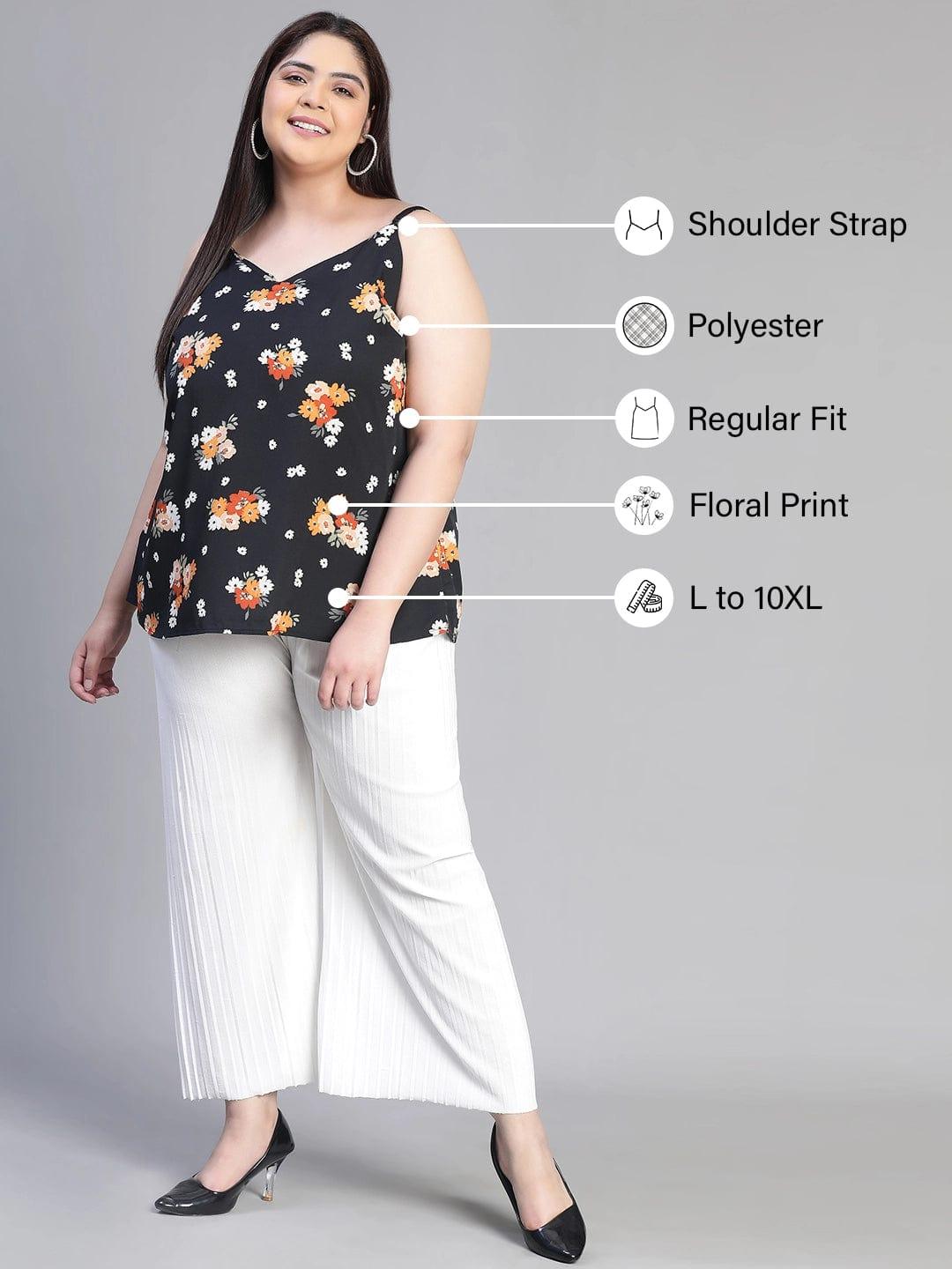 Magnified Black Shoulder Strap Floral Print Plus Size Loopy Top