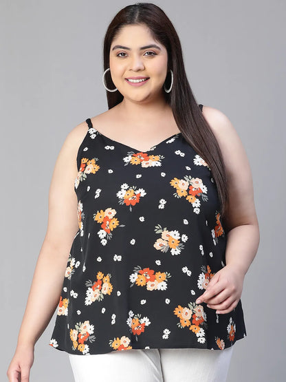 Magnified Black Shoulder Strap Floral Print Plus Size Top