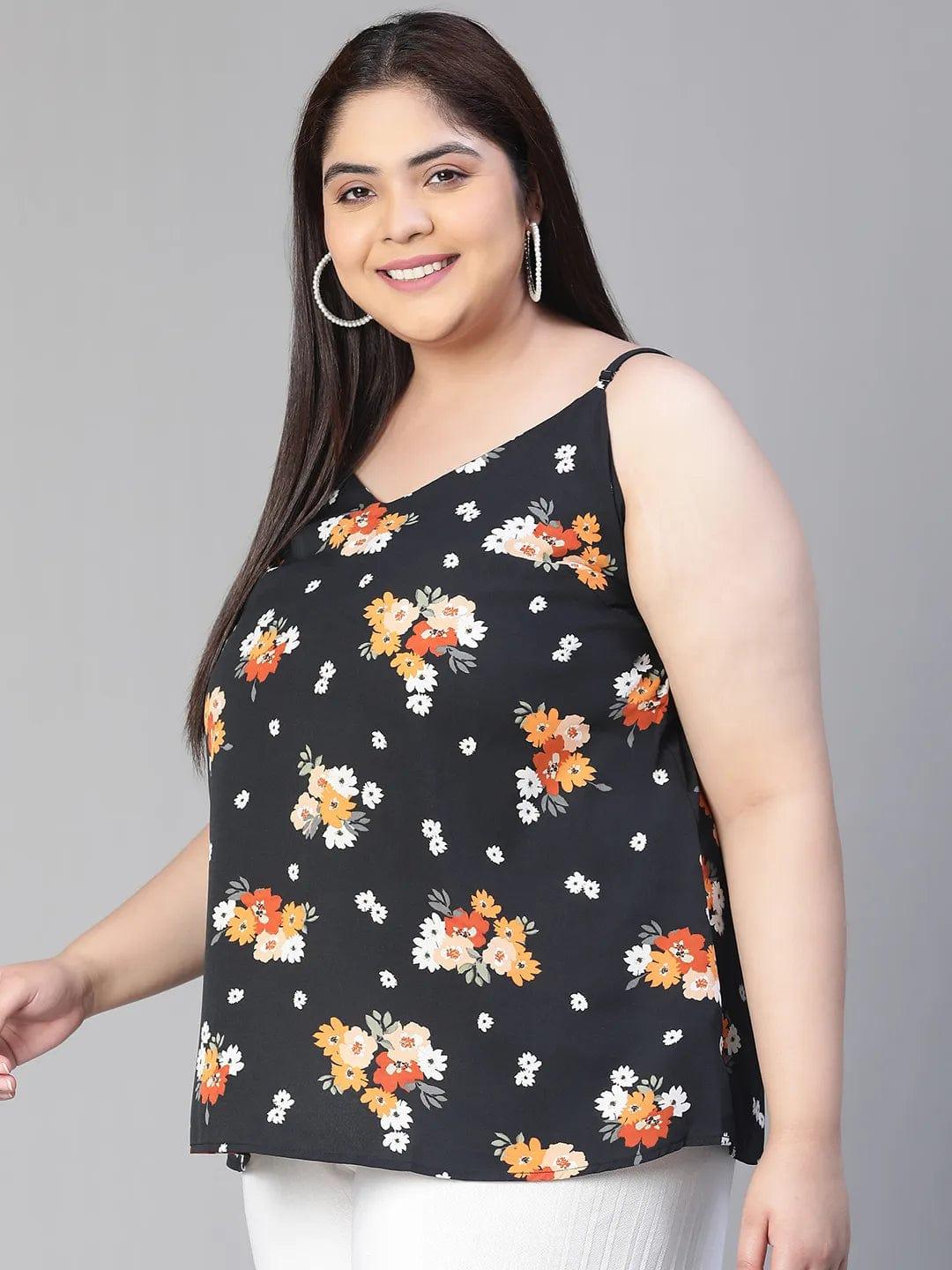 Magnified Black Shoulder Strap Floral Print Plus Size Loopy Top