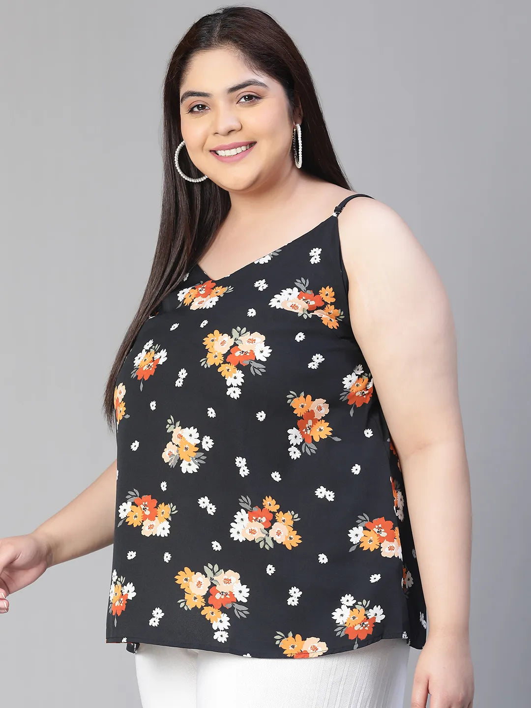 Magnified Black Shoulder Strap Floral Print Plus Size Top