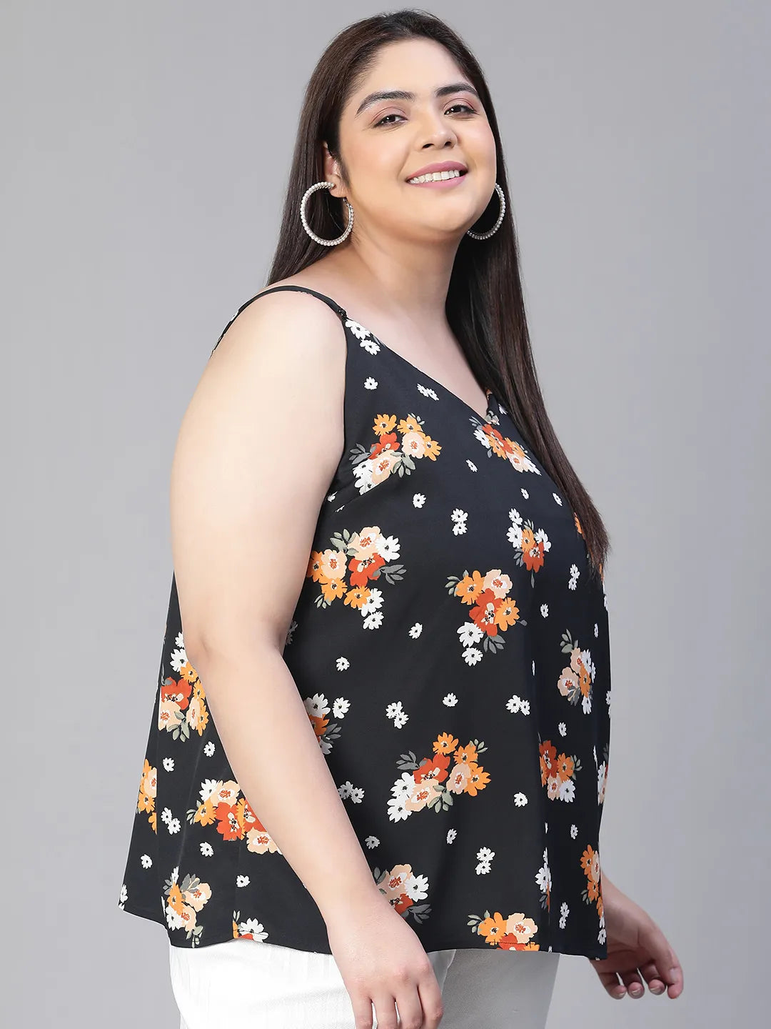 Magnified Black Shoulder Strap Floral Print Plus Size Top