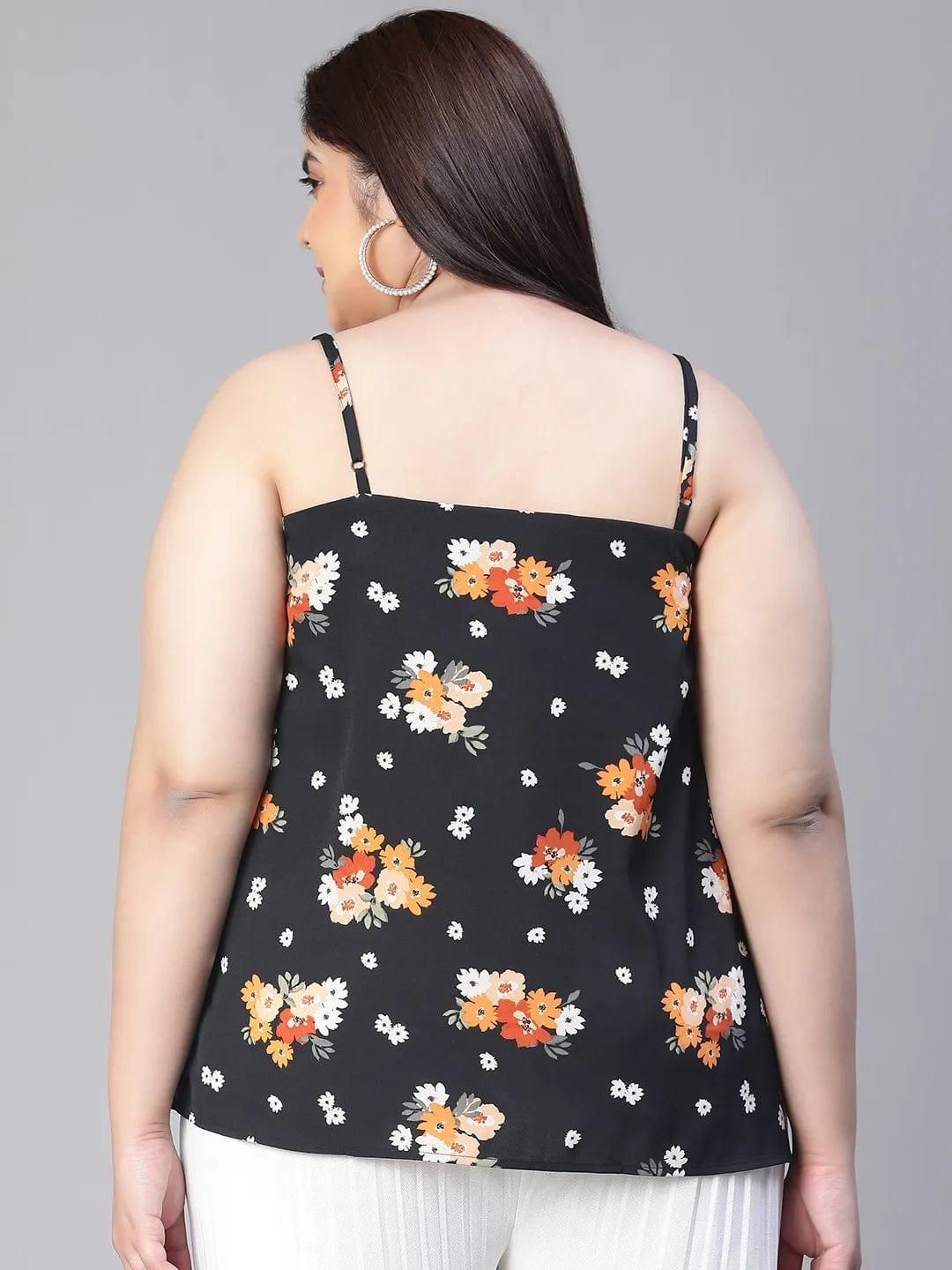 Magnified Black Shoulder Strap Floral Print Plus Size Loopy Top