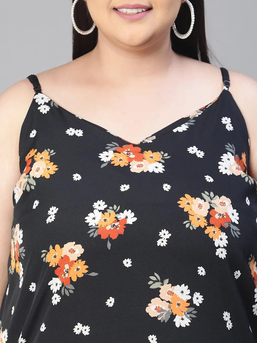 Magnified Black Shoulder Strap Floral Print Plus Size Loopy Top