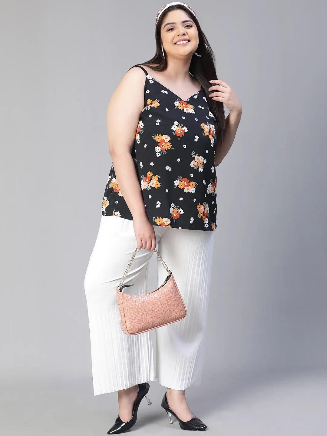 Magnified Black Shoulder Strap Floral Print Plus Size Loopy Top