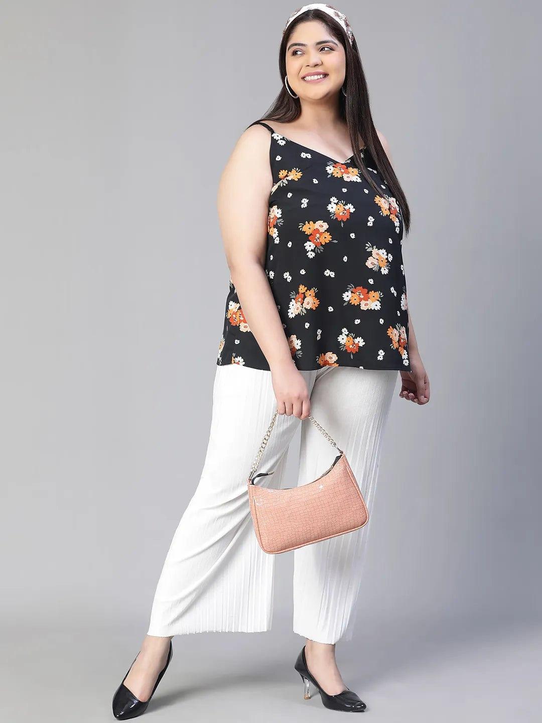 Magnified Black Shoulder Strap Floral Print Plus Size Loopy Top