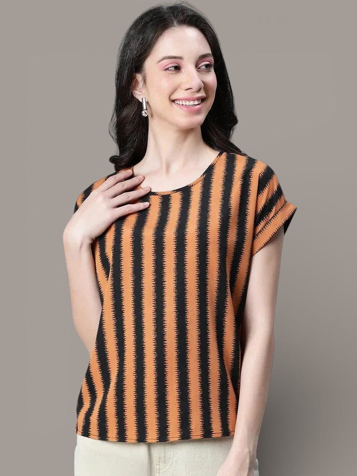 Brown Stripe Top - Women Casual Striped Crop Top With Round Neck & Short Sleeves