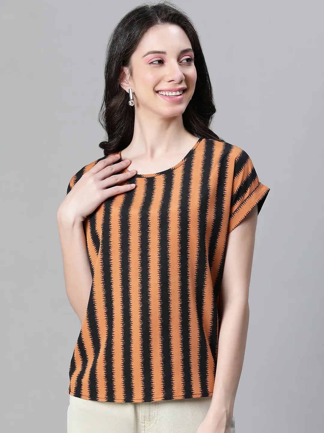 Iconic Brown Stripe Print Women Casual Top