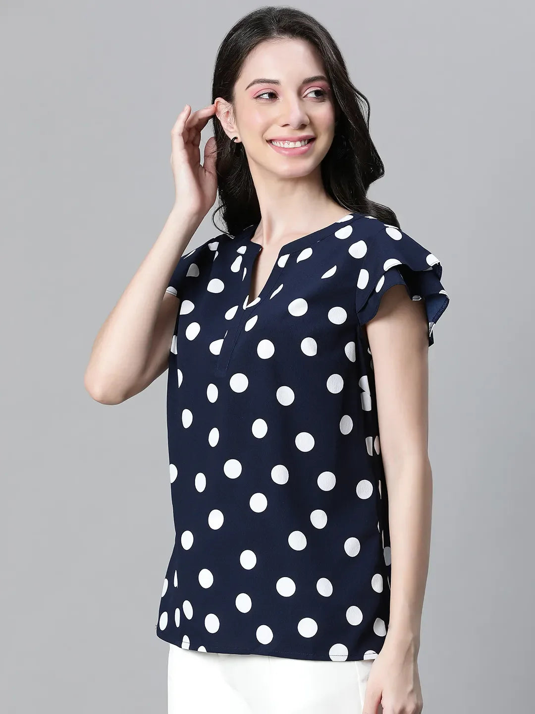 Swaggy Navy Blue Polka Dot Print Women Top