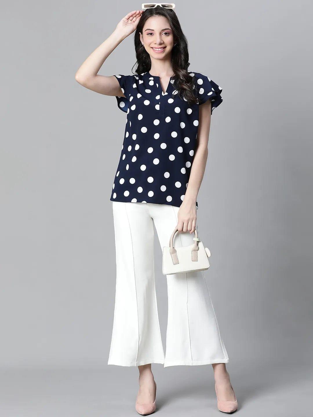 Swaggy Navy Blue Polka Dot Print Women Top