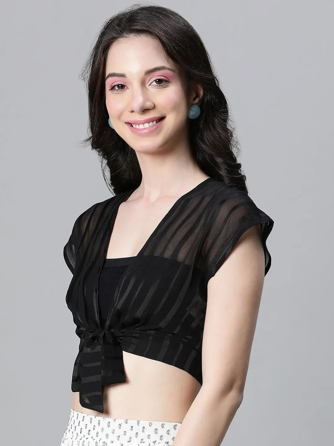 Finesse Black Tie-Knotted Women Partywear Crop Top