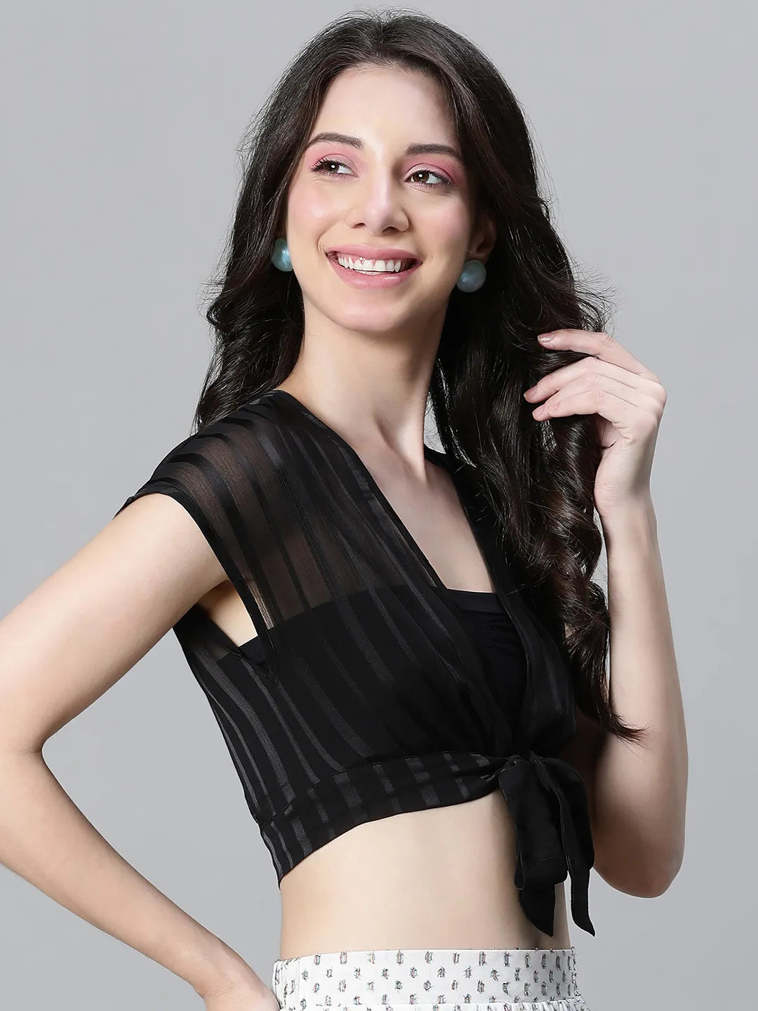 Finesse Black Tie-Knotted Women Partywear Crop Top