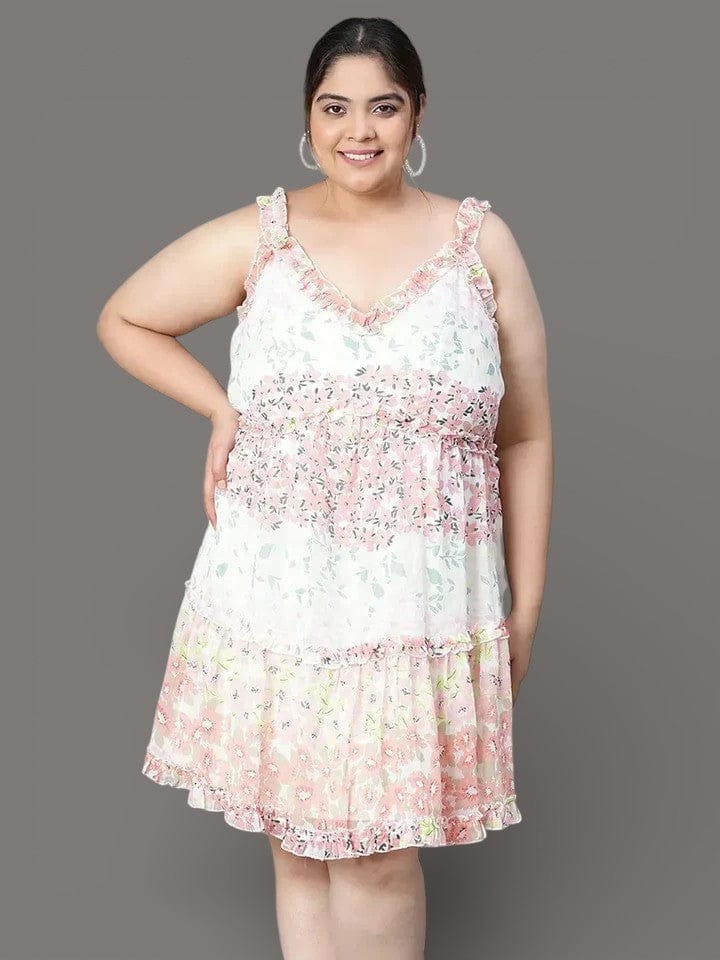 Multicolor Floral Print  Knee-Length Plus Size Curvy Dress