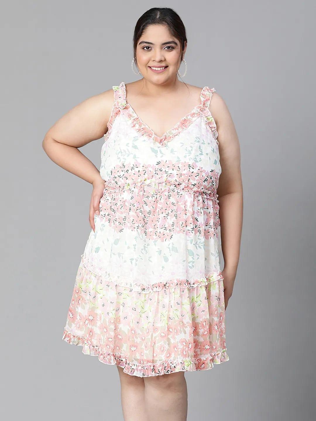 Multicolor Floral Print  Knee-Length Plus Size Curvy Dress