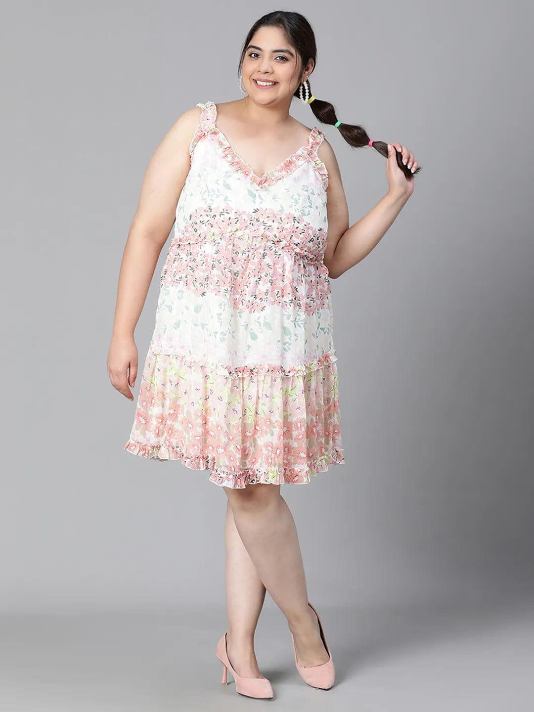 Multicolor Floral Print  Knee-Length Plus Size Curvy Dress