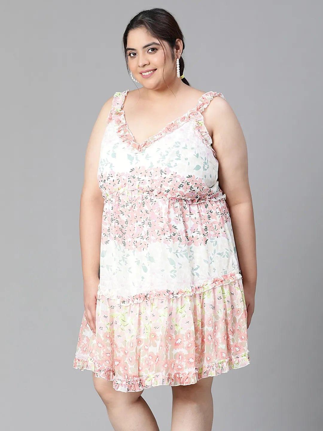 Multicolor Floral Print  Knee-Length Plus Size Curvy Dress