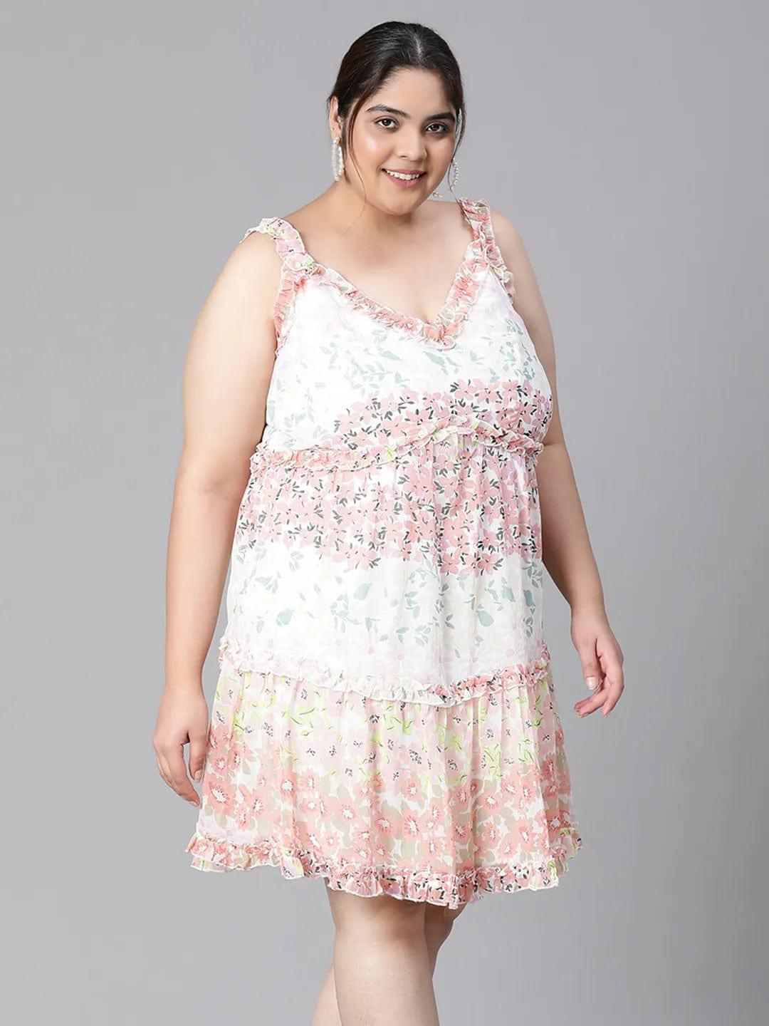 Multicolor Floral Print  Knee-Length Plus Size Curvy Dress