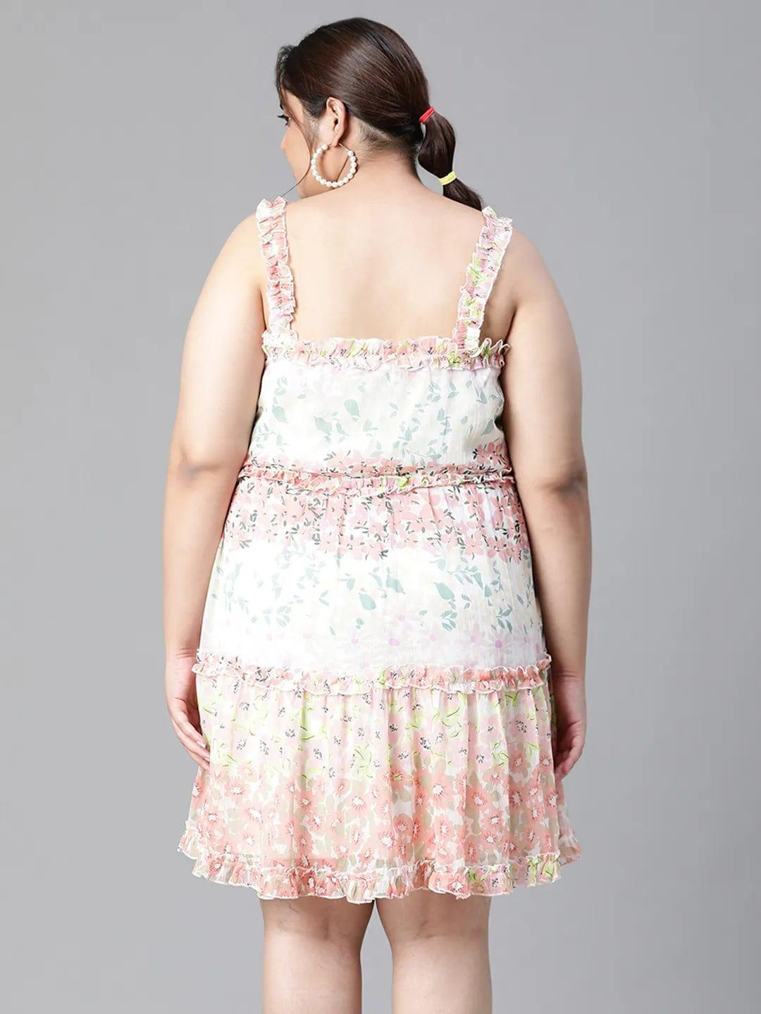 Multicolor Floral Print  Knee-Length Plus Size Curvy Dress