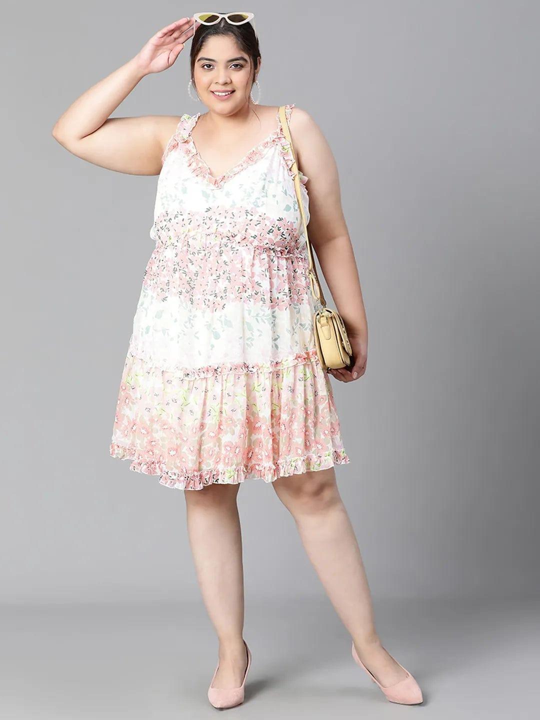 Multicolor Floral Print  Knee-Length Plus Size Curvy Dress