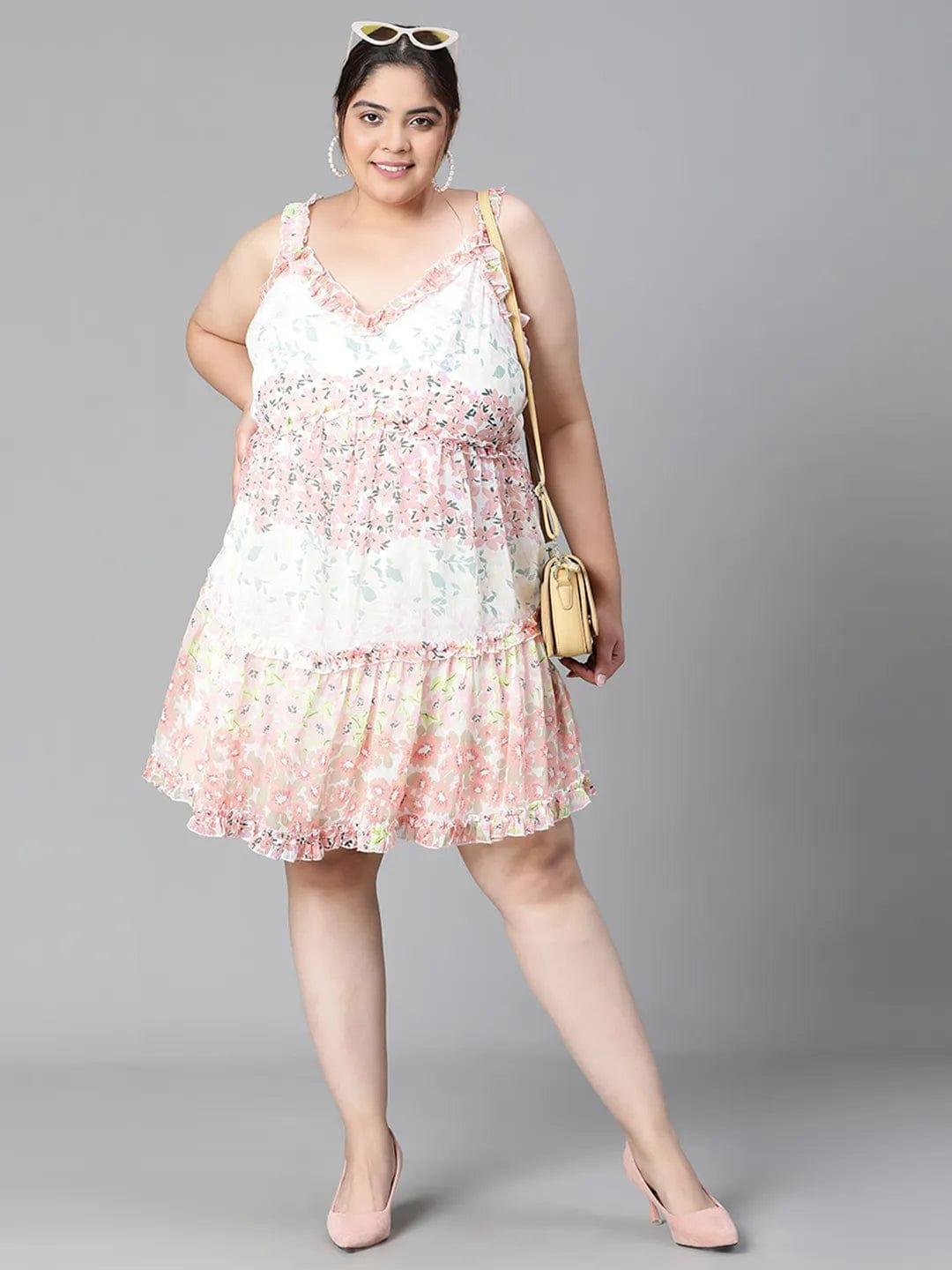 Multicolor Floral Print  Knee-Length Plus Size Curvy Dress