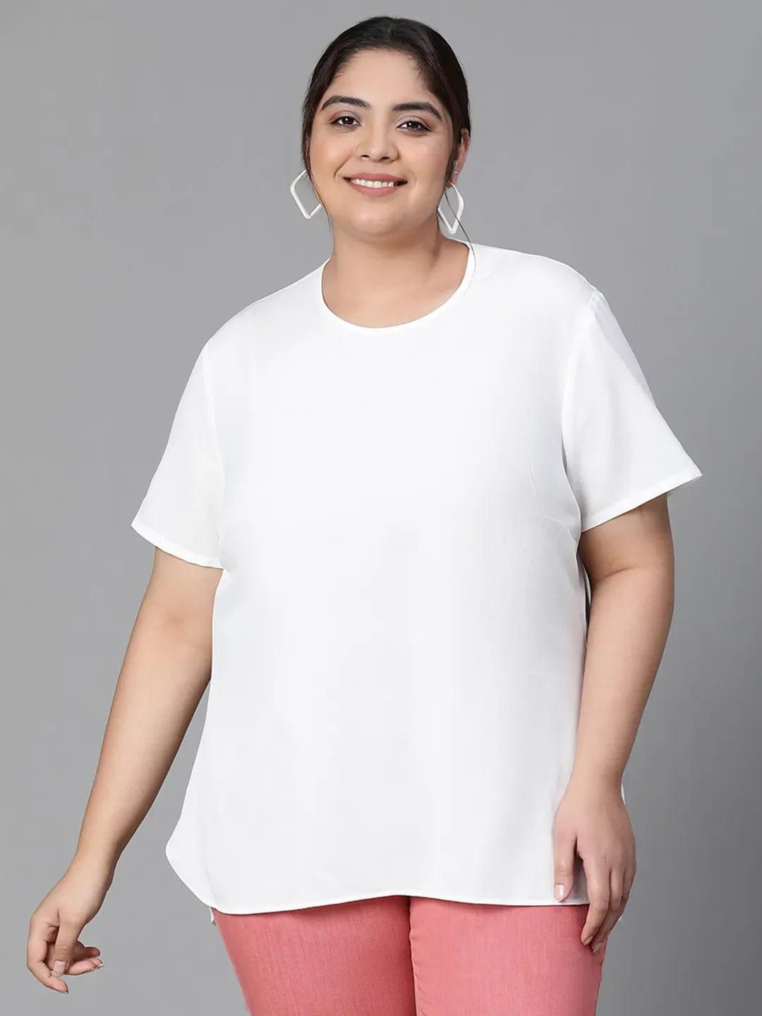 Snowy White Plain Plus Size Women Loopy Top