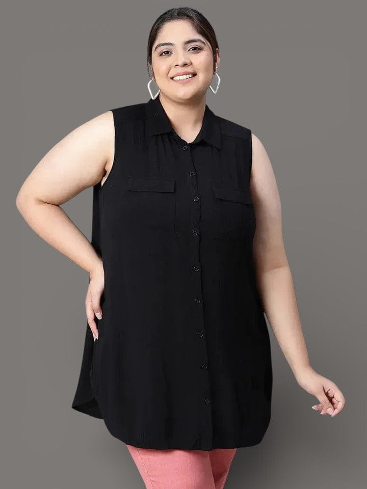 Plus Size Shirt Delicate Black Collared Sleeveless