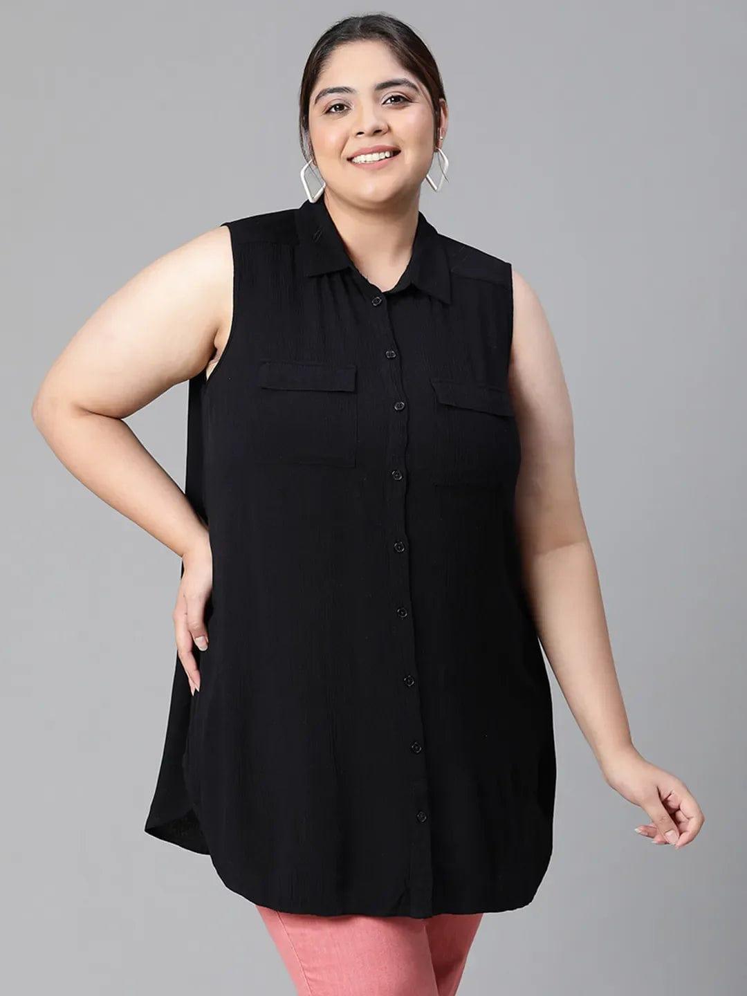 Delicate Black Collared Sleeveless Plus Size Shirt