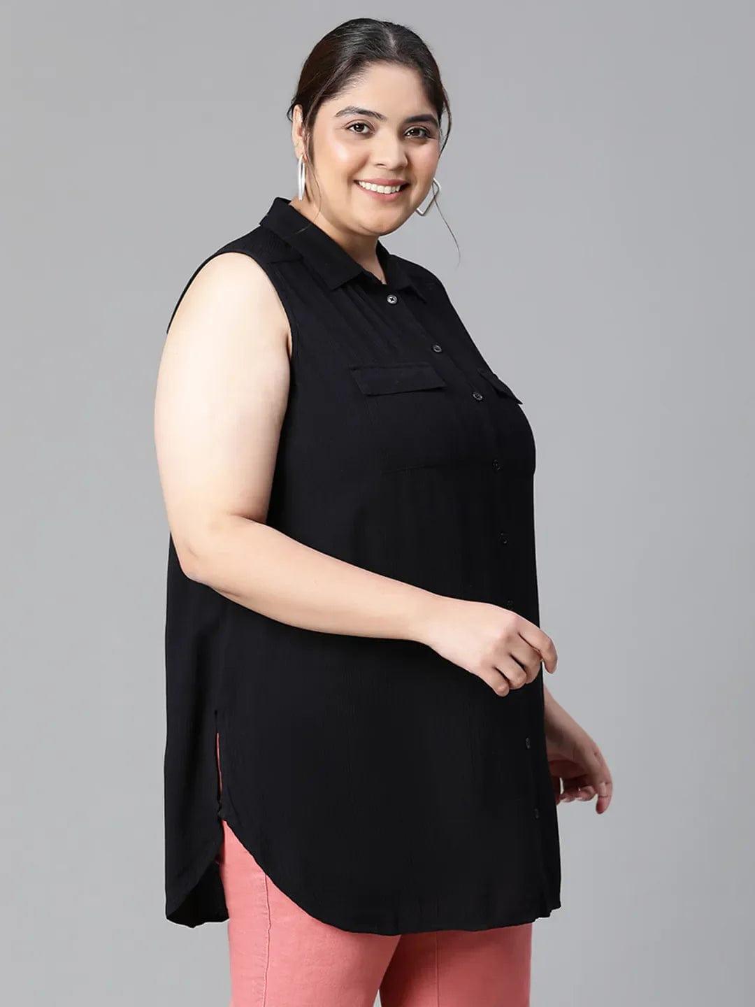 Delicate Black Collared Sleeveless Plus Size Shirt