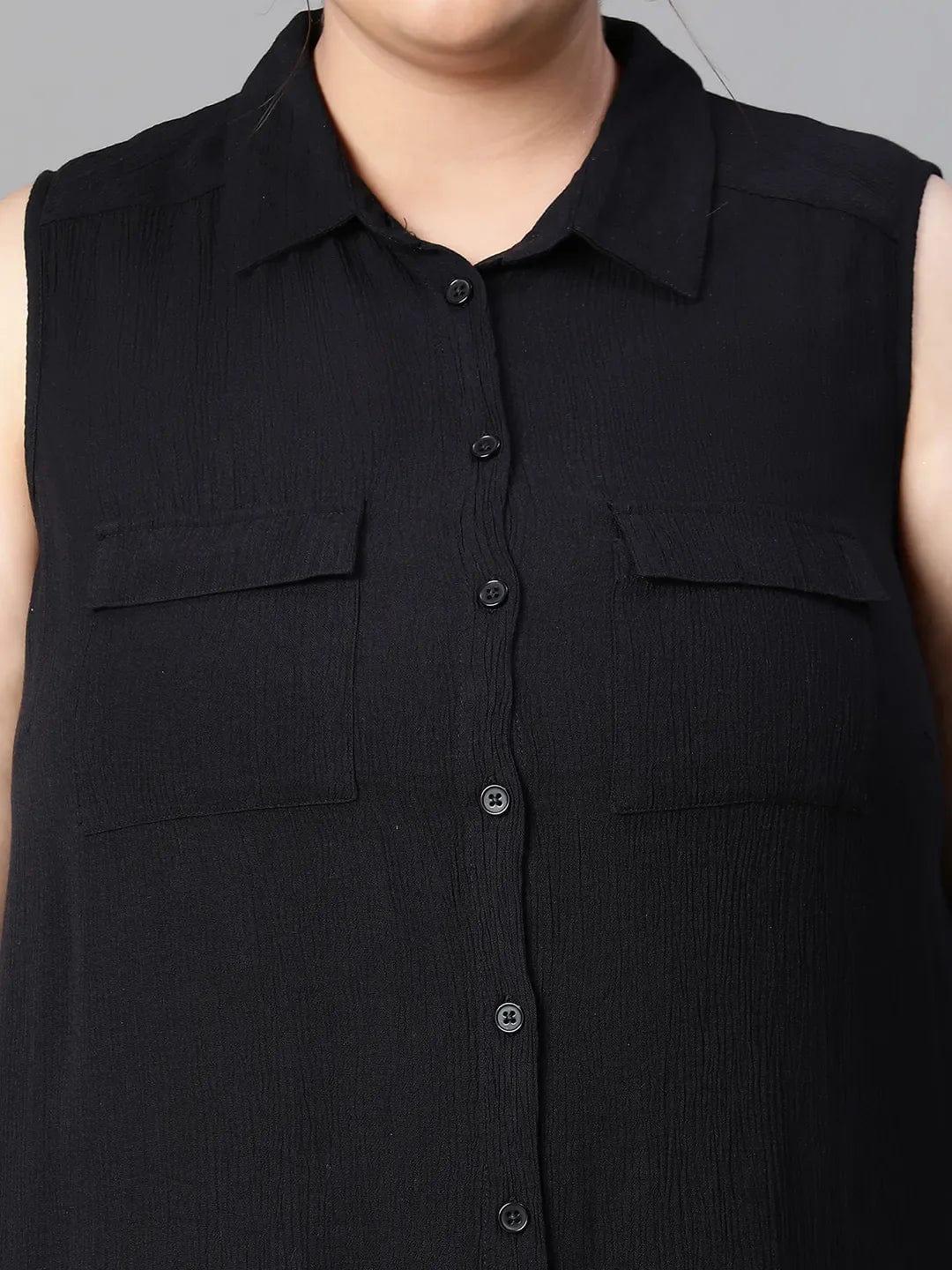 Delicate Black Collared Sleeveless Plus Size Shirt