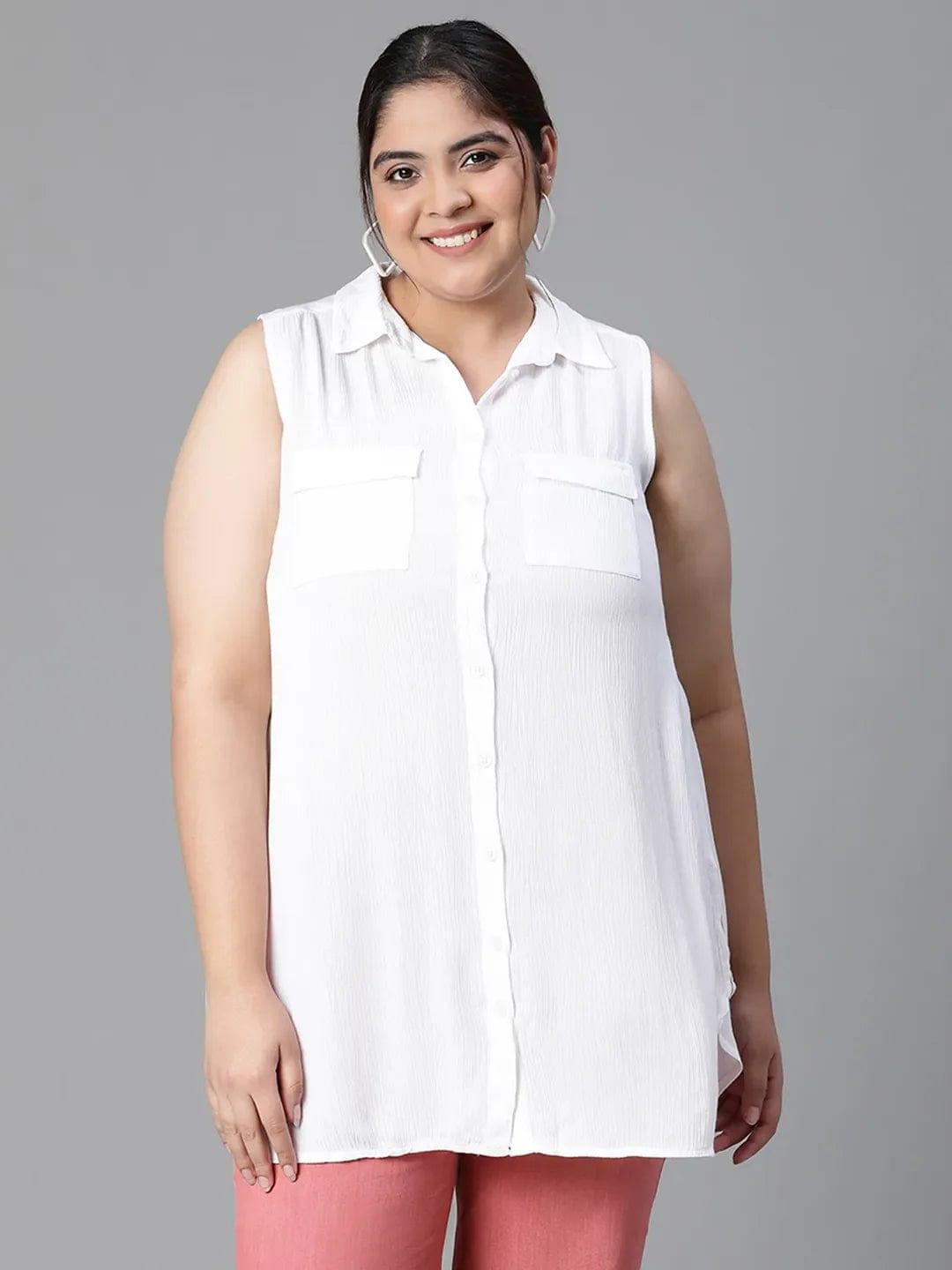 Ethereal White Collared Sleeveless Plus Size Shirt