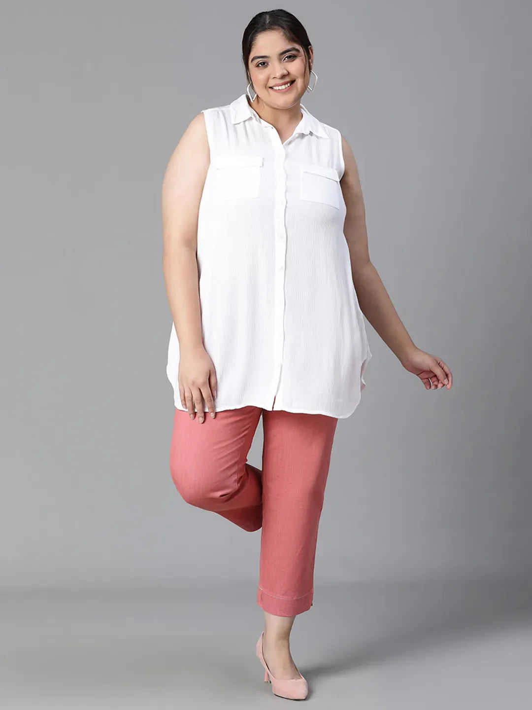 Ethereal White Collared Sleeveless Plus Size Shirt