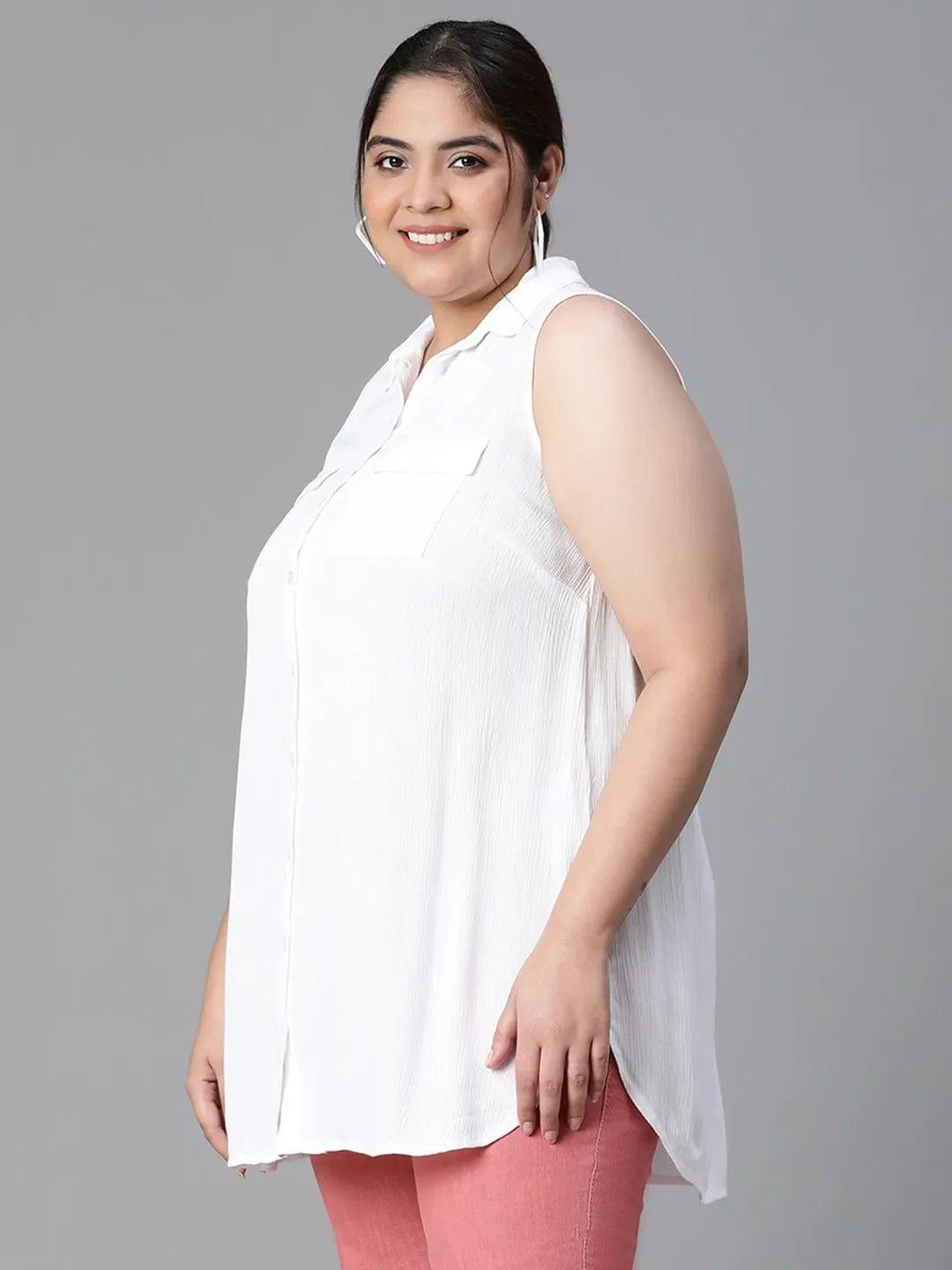 Ethereal White Collared Sleeveless Plus Size Shirt