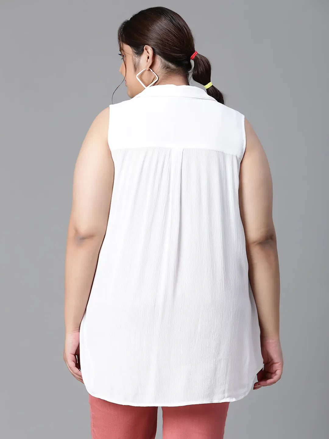 Ethereal White Collared Sleeveless Plus Size Shirt