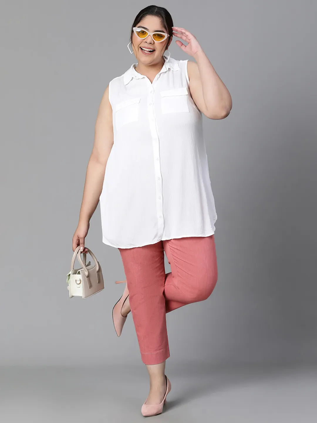 Ethereal White Collared Sleeveless Plus Size Shirt