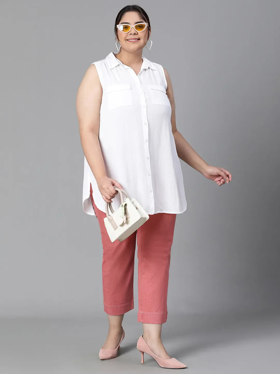 Ethereal White Collared Sleeveless Plus Size Shirt