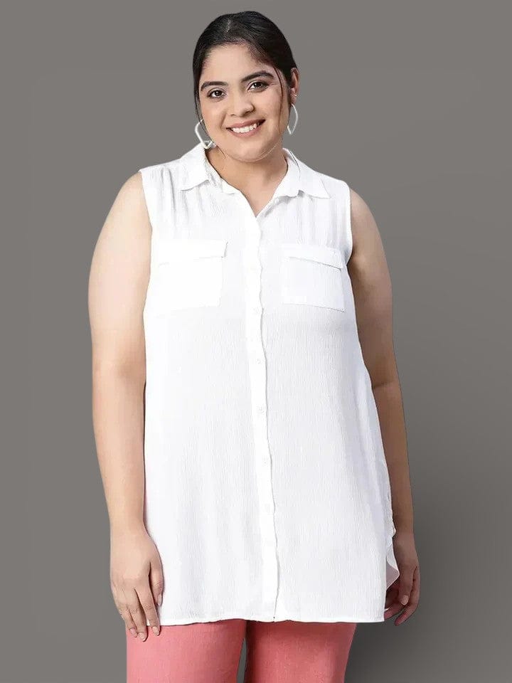 White Plus Size Sleeveless Shirt | Stylish Button With Pocket