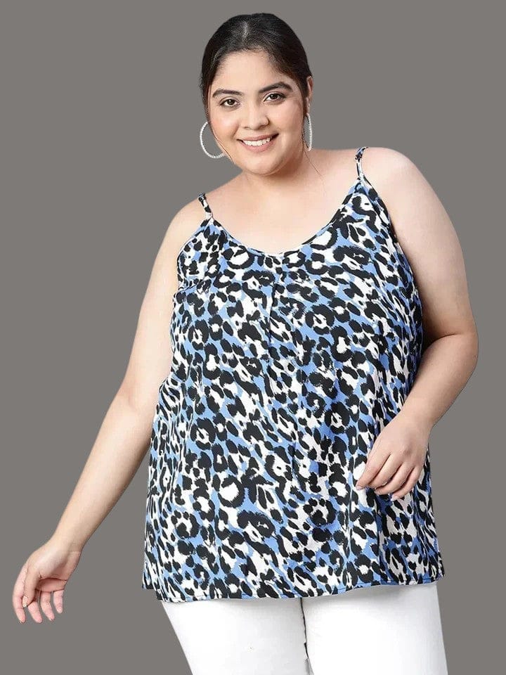 Plus Size Animal Print Top - Multicolor Polyester Shoulder Strap Blouse