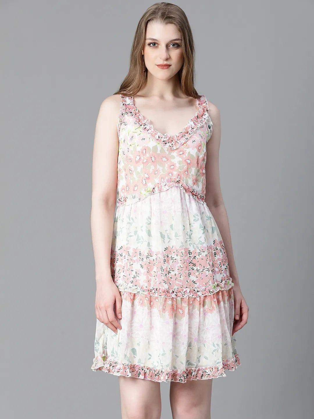 Classy Floral Print Sleeveless Short Flare Women Dress