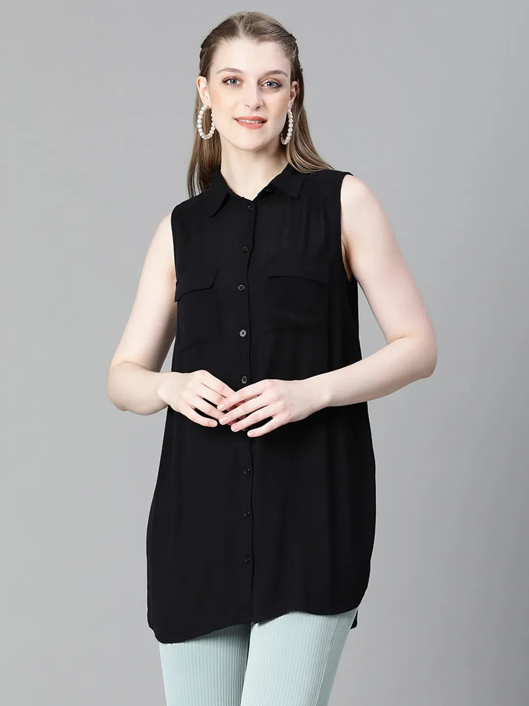 Dusky Black Collared Sleeveless Women Shirt