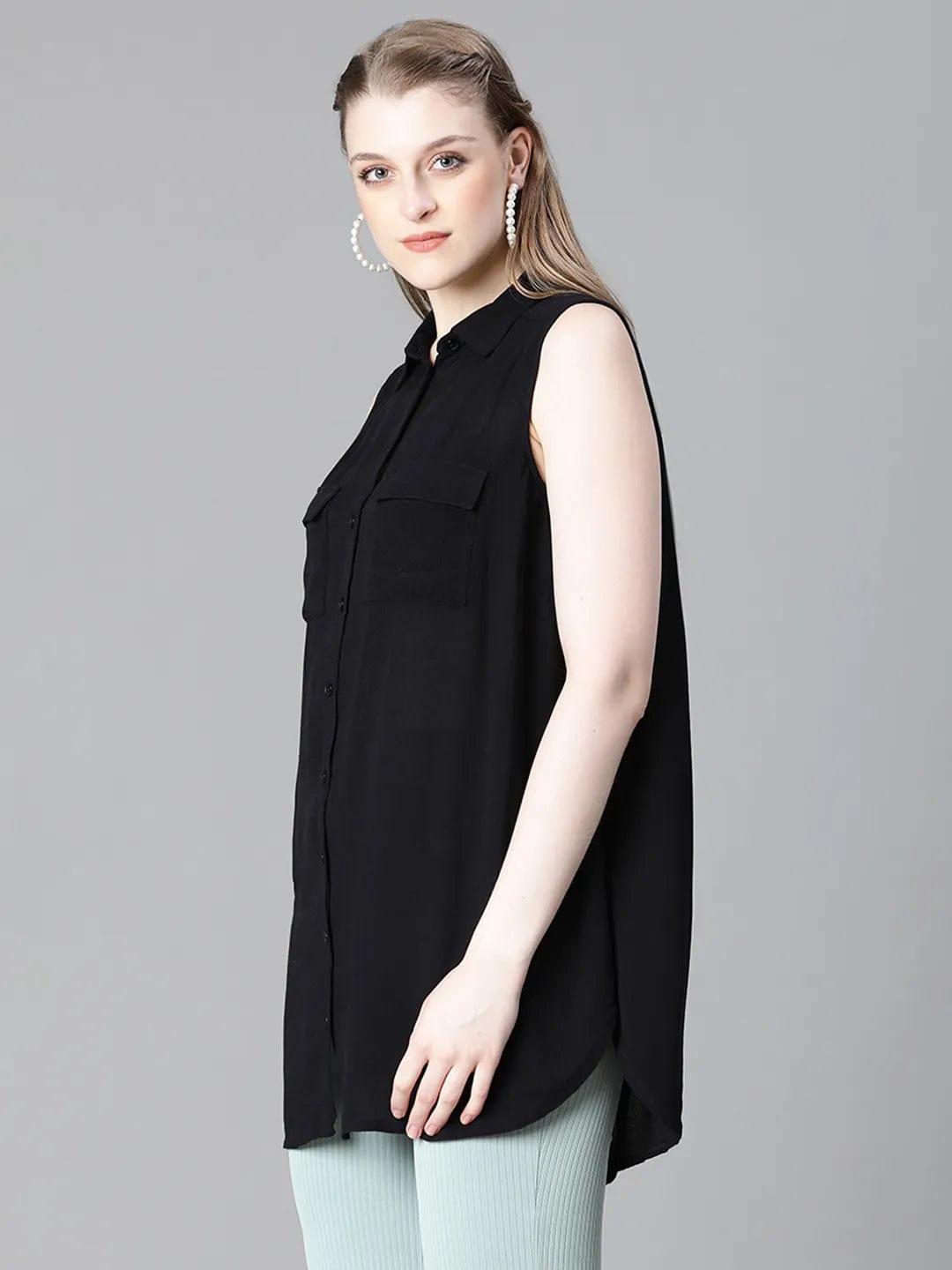 Dusky Black Collared Sleeveless Women Shirt