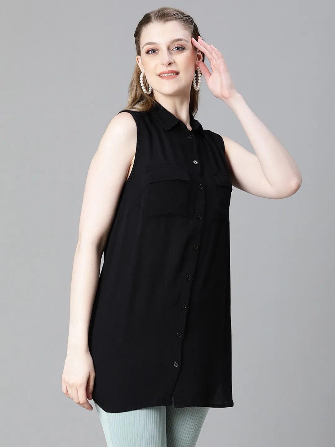 Dusky Black Collared Sleeveless Women Shirt