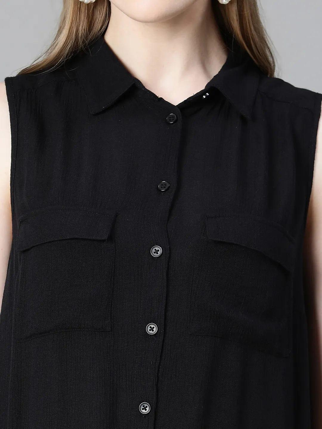 Dusky Black Collared Sleeveless Women Shirt